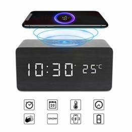 Achort LED Wecker Digital Wecker Holz Tischuhr mit Induktionsladegeräte/Datum/Temperatur Anzeige USB-Ladegerät für Schlafzimmer Kinder - 1