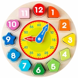 Coogam Lernuhr Holz Montessori Spielzeug mit 12 Steck-Formen Sortierung - Anzahl Blöcke Puzzle Stapeln Frühes Pädagogisches Geschenk für 1 2 3 Jahre altes Kinder - 1
