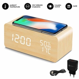 HZDHCLH Digitaler Wecker, 10 W, mit Temperatur/Luftfeuchtigkeit/Kalender, Helligkeit verstellbar, Stromversorgung über USB, kabelloses Laden Qi LED aus Holz - 1