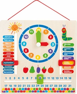 Lerntafel aus Holz mit Motiven von der kleinen Raupe Nimmersatt, erklärt spielend das Datum, Jahreszeiten und die Uhrzeit mit drehbaren Zeigern auf englischer Sprache, geeignet für Kinder ab 3 Jahren - 1