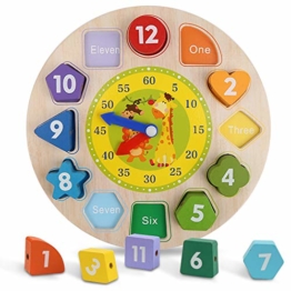 Mitening Lernuhr Uhr-Spielzeug, Lernuhr Holz Lernspiel Kinderspielzeug Montessori Holzspielzeug mit Seil, Zahl und Tier Muster, Pädagogisches Lernen Spielzeug für Kinder ab 3 Jahren - 1