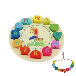 QH-Shop Uhr-Spielzeug aus Holz,Lernuhr aus Holz mit Seil und Zahlen Formen Pädagogisch für Kinder ab 3 Jahren - 1